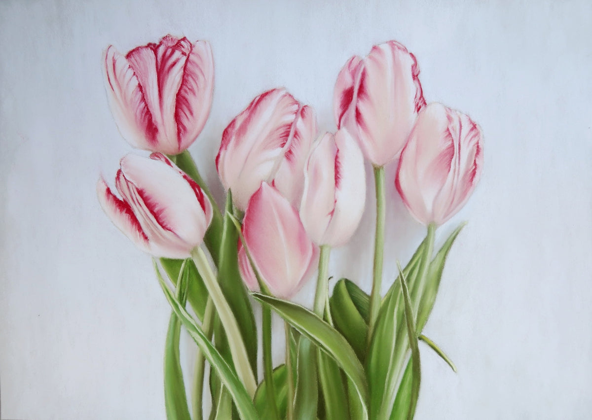 A painting of a bouquet of pink and white variegated tulips with green stems, set against a light gray textured background.